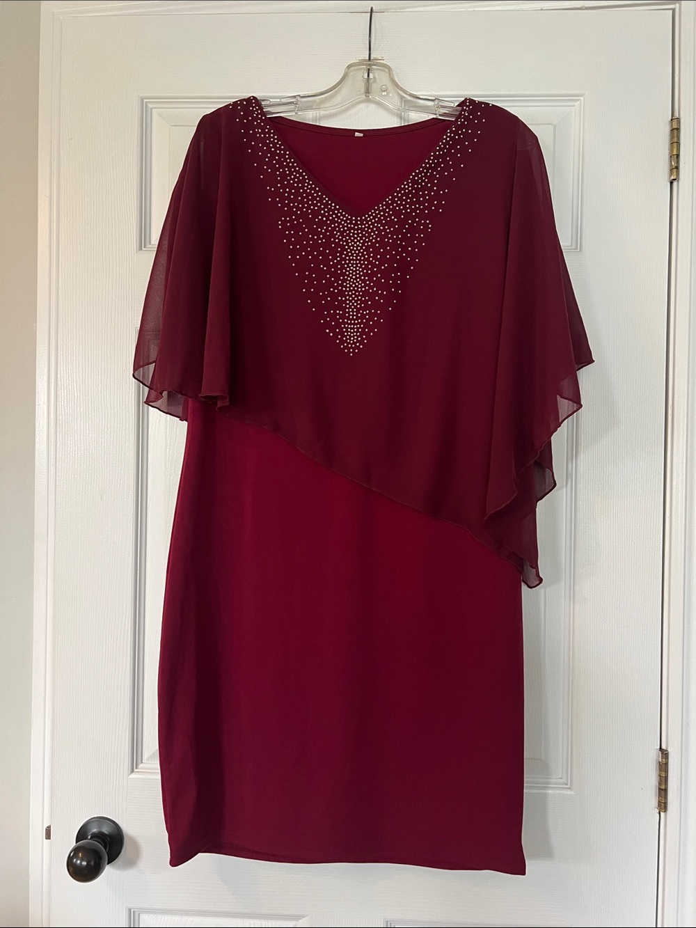 Women's Burgundy Midi Dress with Rhinestone V-Neck Overlay